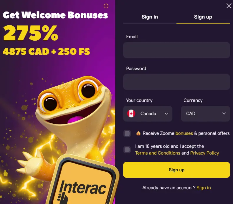 Zoome Casino registration